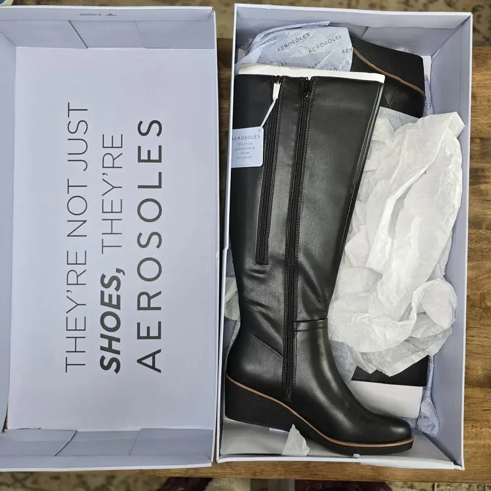 Aerosoles‎ Binocular Knee High Boots Size 7M Black Wedge Heel Women's NEW